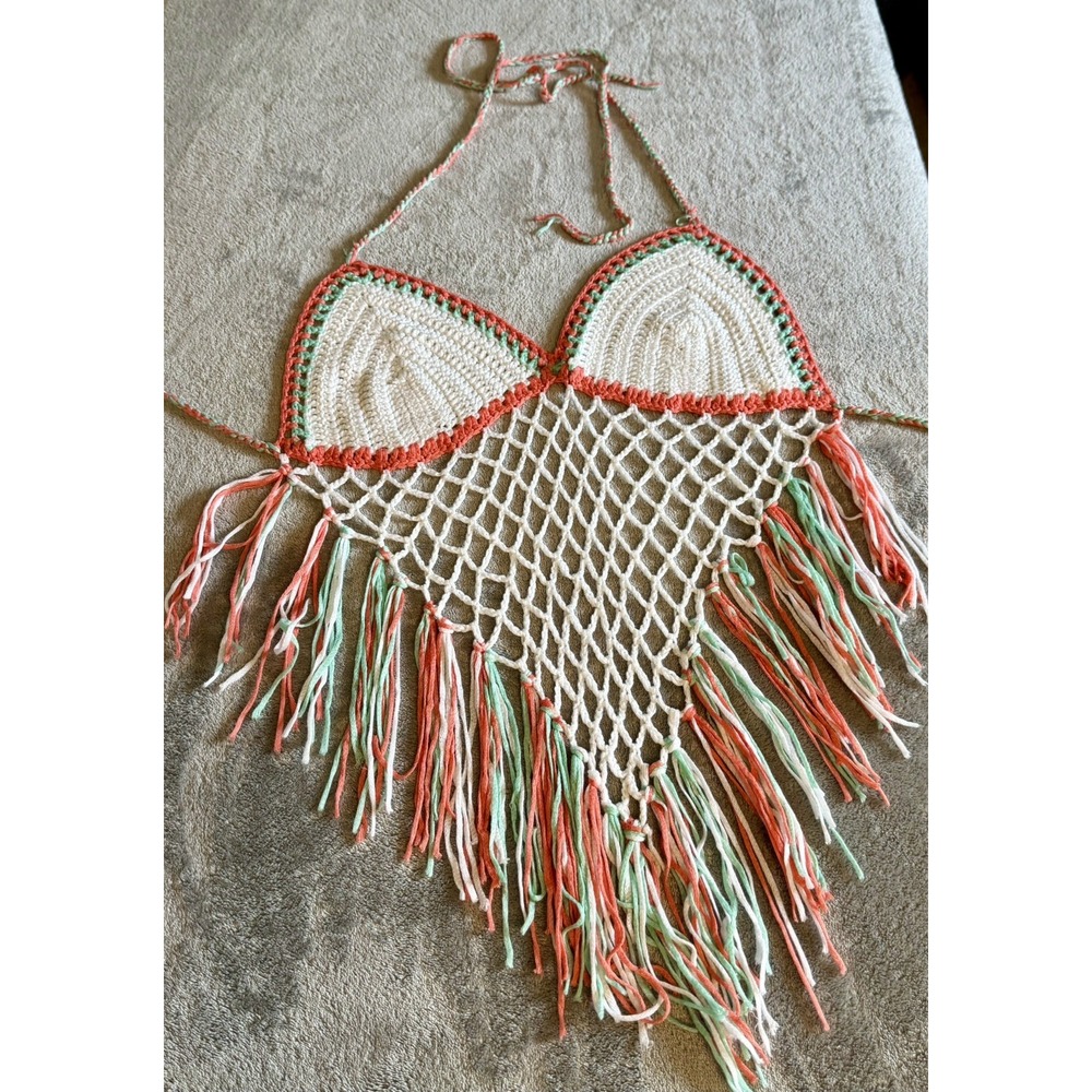 Crochet Fringe Halter Top OS Coquette Festival Hippie Boho Cowgirl Beach Rodeo